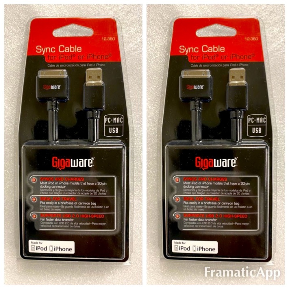 Lot of 2 Gigaware USB to 30 Pin Charging/Data Cables For iPod or iPhone. New.